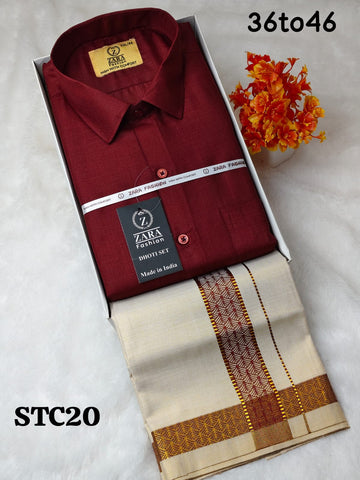 Cotton shirt & Tissue Dhoti (Wine Red)