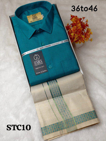 Cotton shirt & Tissue Dhoti (Turquoise Blue)