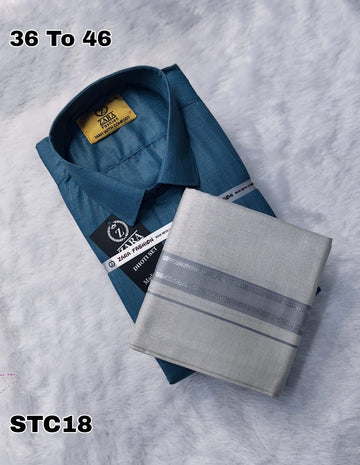 Cotton shirt & Tissue veshti (Teal Blue)