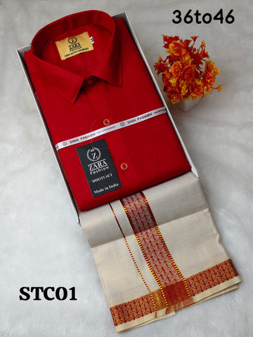 Cotton shirt & Tissue Dhoti (Bright Red)
