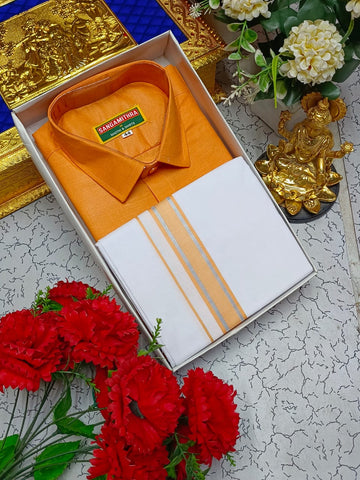 Cotton Dhoti Set (Saffron)