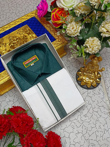 Cotton Dhoti Set (Deep Green)