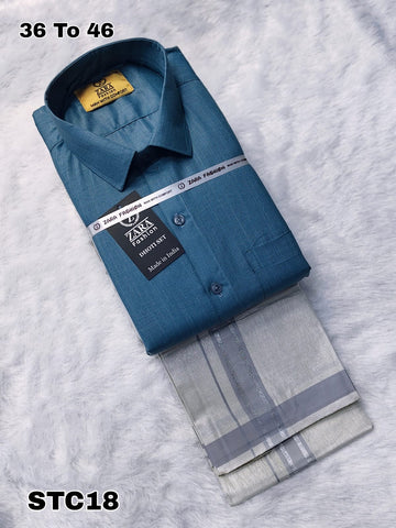 Cotton shirt & Tissue veshti (Teal Blue)