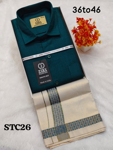 Cotton shirt & Tissue Dhoti (Peacock Blue)